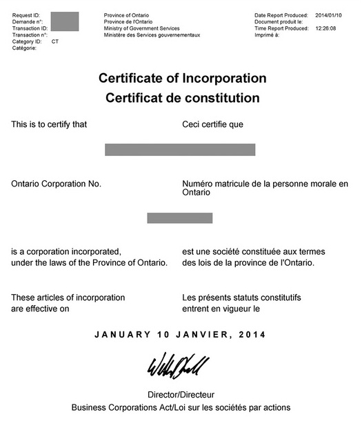 加拿大安大略省公司注册证书样本