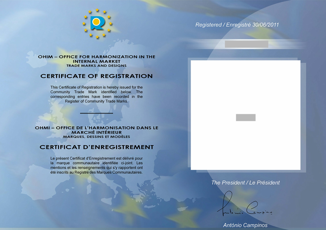 欧盟商标注册证书样本